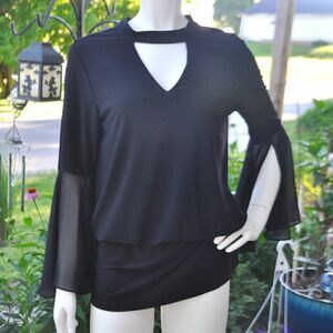 2/$15 Laurie Felt Size Small Black Blouse with Sheer Sleeves and choker neckli…